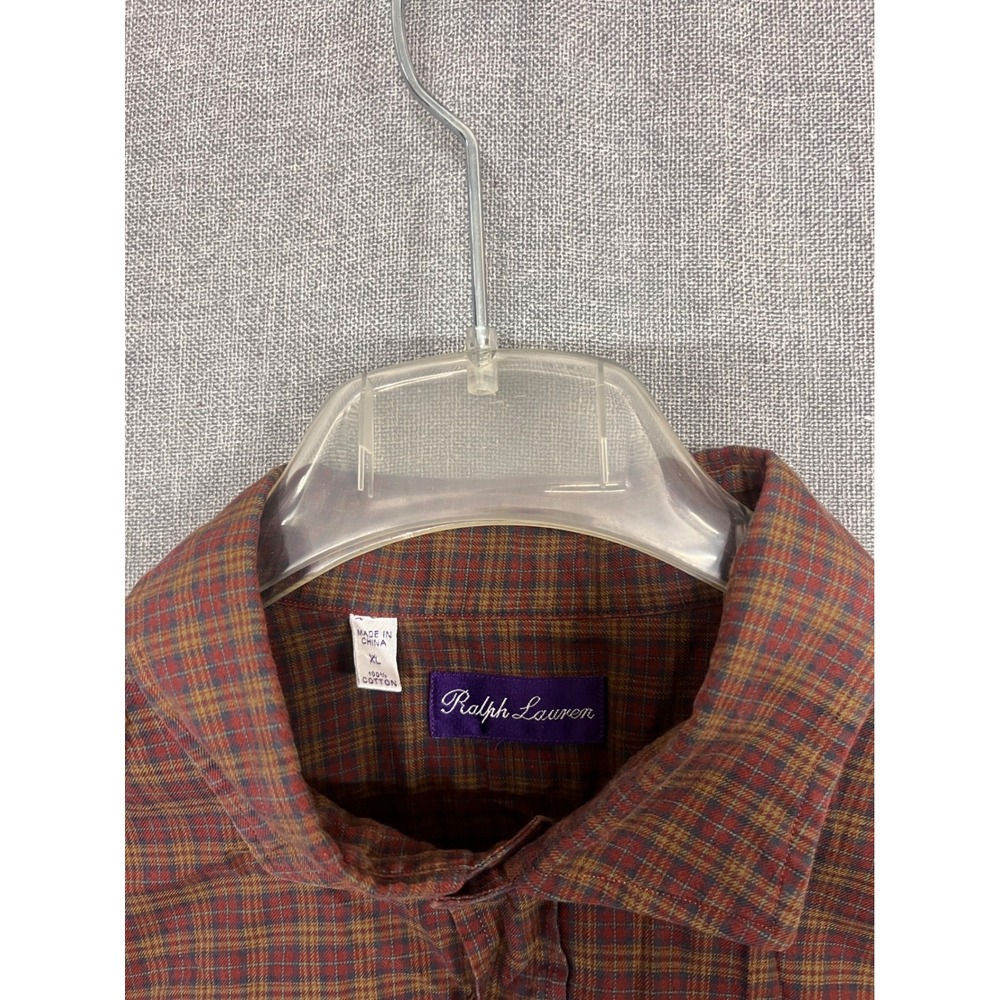 Ralph Lauren Purple Label Mens XL Plaid Cotton Button Down Shirt Burgundy Brown
